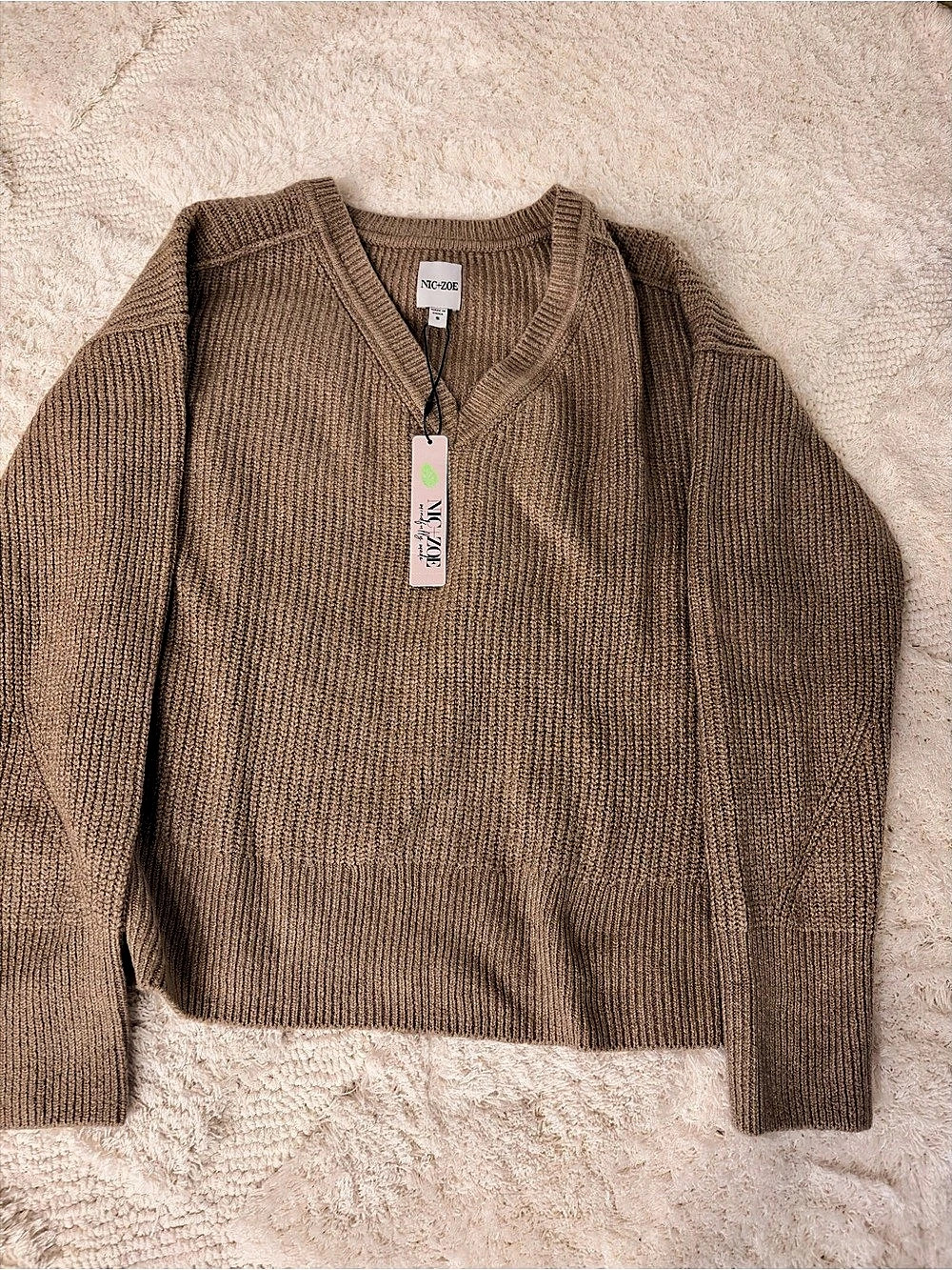 NIC+ZOE Cozy Cottage V-Neck Sweater Brown Small